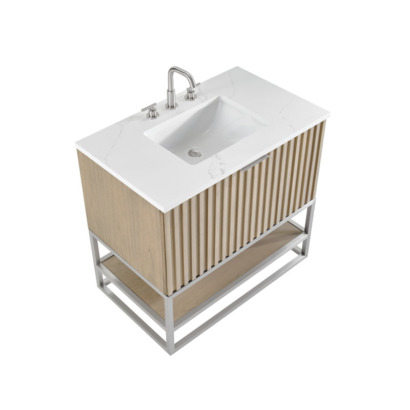 Terra 36'' W Single Vanity, Cashmere Gray, Brushed Nickel, Calacatta Quartz/Widespread Faucet Mount