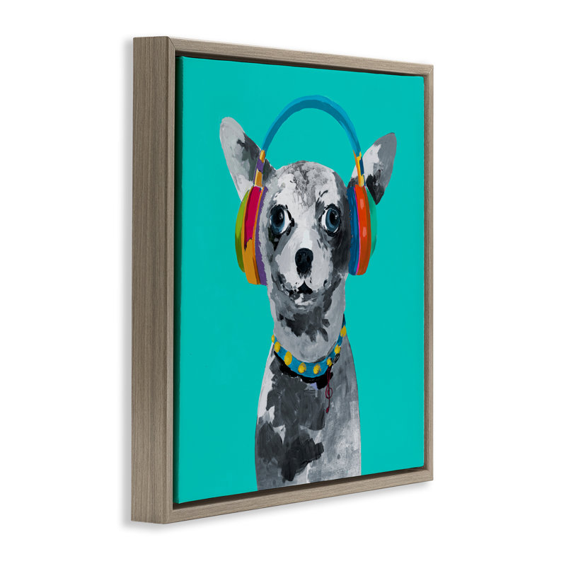 Chiot Jammin 'sur cadre flottant bleu, design par Lorenzo Collective, H 25 po x l 25 po, Cadre flottant orme Montalcino