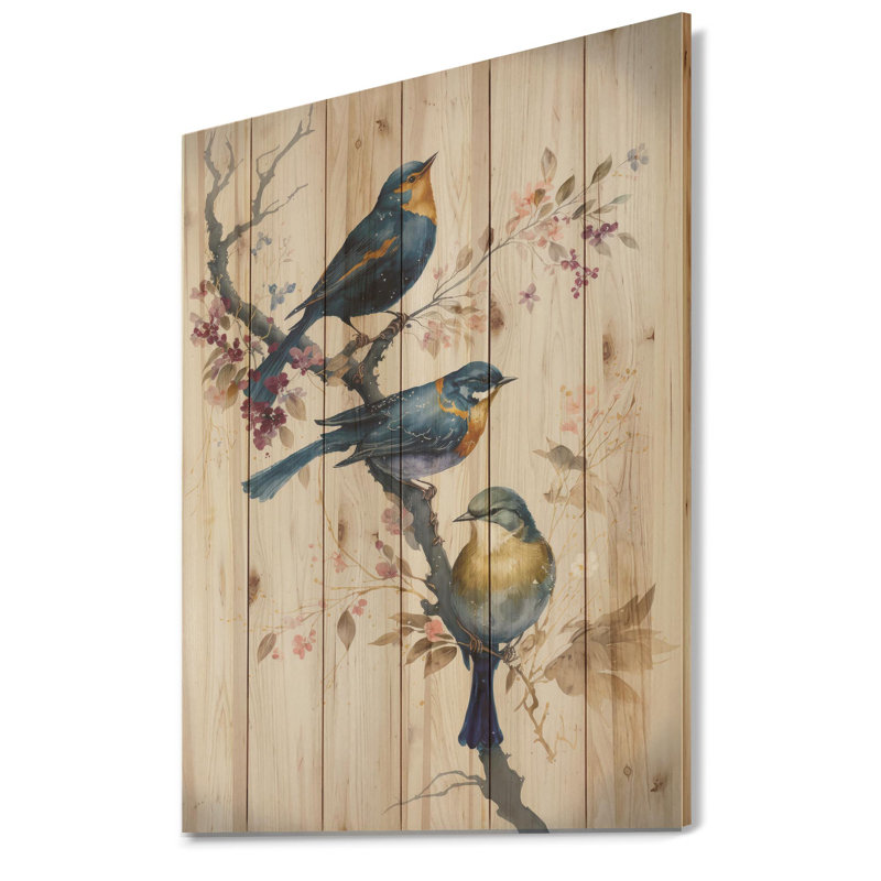 Multicolore oiseaux sur prunier en fleurs - impression, H 32 po x l 24 po x P 1 po