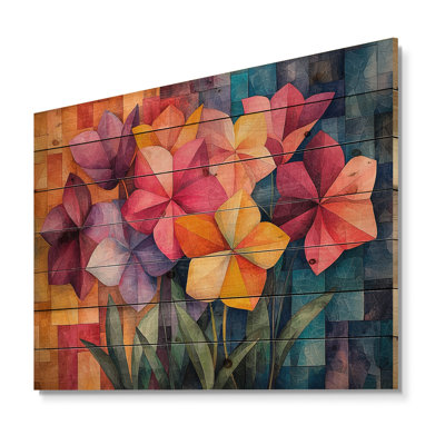 Géométrie fleur de pétunias dans des tons vibrants I - décoration murale en bois de pétunias - sur bois de pin naturel