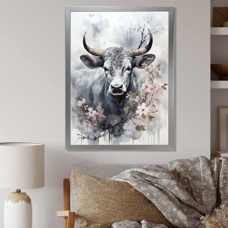 Bania, art asiatique, vache Sumi V, H 32 po x l 24 po x P 1 po, Cadre photo argenté