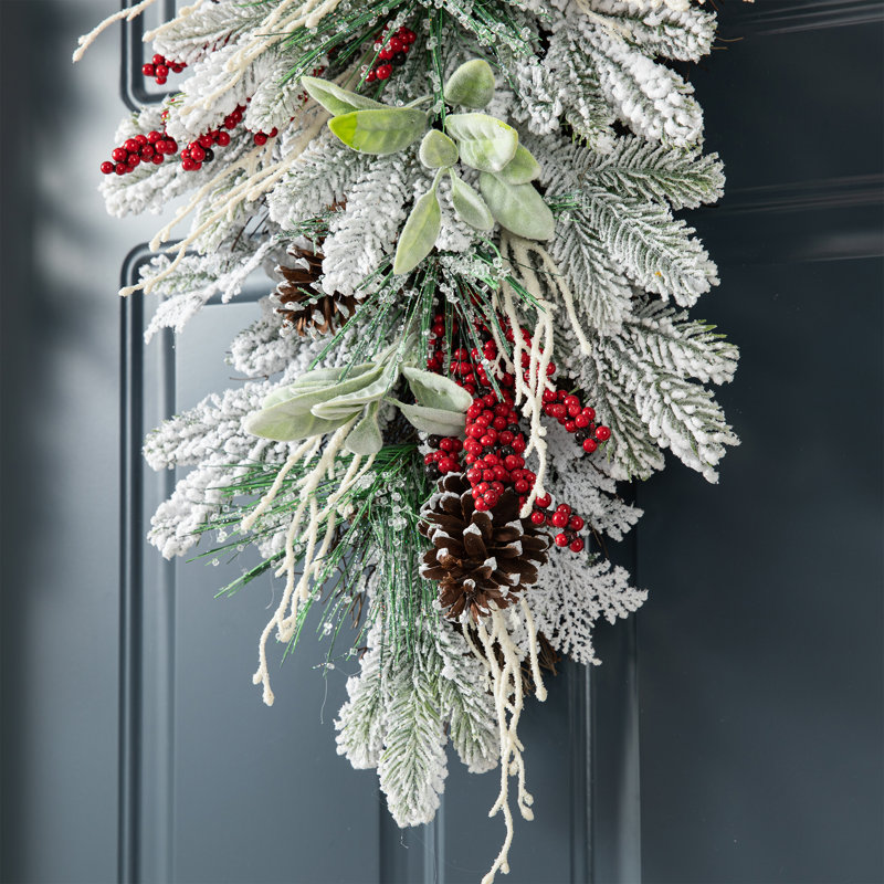 28"H Christmas Flocked Pinecone & Berry Teardrop