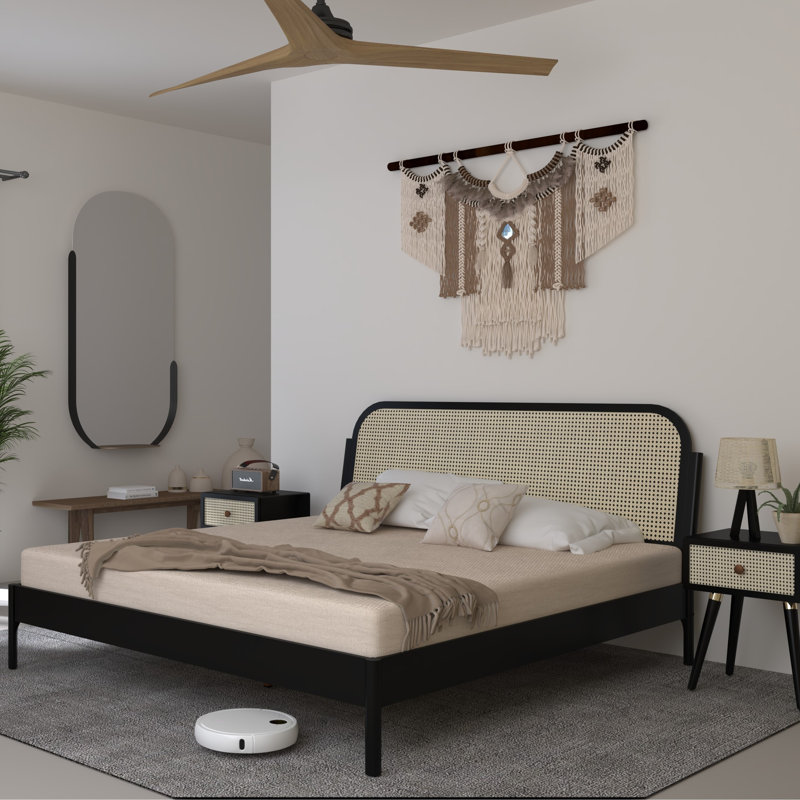 Beiro Solid Wood Rattan Platform Bed with Headboard, Bohemian and Mid-Century Bed Frame, King, Black