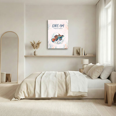Ensemble de 1 tableau mural aquarelle sur toile tendue représentant des poissons dans des eaux magiques oniriques