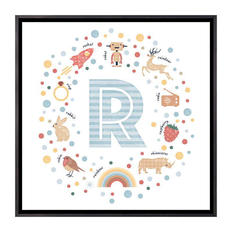 Lettre illustrée R bleue - impression, Toile avec cadre noir patiné, Pas de tapis, H 37 po x l 37 po x P 1,5 po