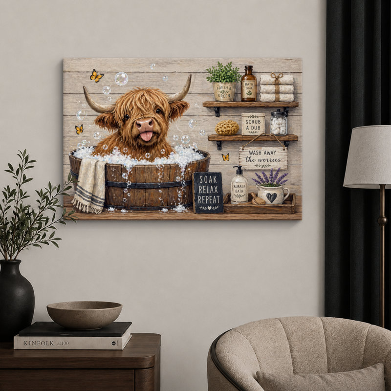 «Highland Cow Bubble Bath», œuvre d'art, impression sur toile encadrée, H 24 po x l 36 po x P 1,5 po, Toile tendue
