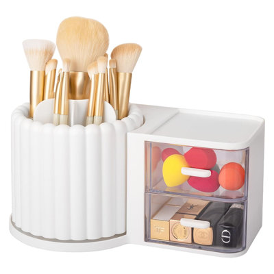 Porte-pinceau à maquillage 360 rotatif à 7 fentes avec tiroir et porte-stylo à maquillage amovible pour meuble-lavabo, commode, bureau, blanc
