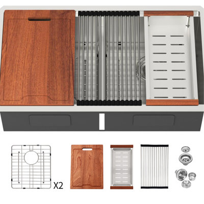 Évier de cuisine en nickel brossé à double cuve encastrable 36 po x 19 po 10 po, calibre 16 T304, évier de cuisine et grille pour vaisselle 50/50