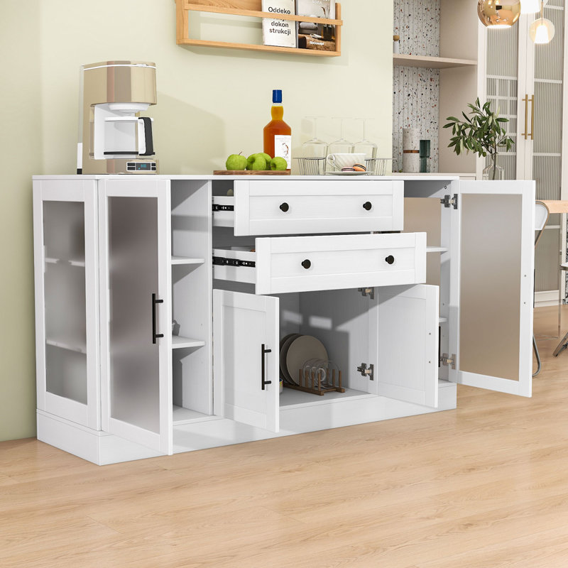 Buffet Buffet avec tablettes réglables, prise de courant, 4 portes et 2 tiroirs, White