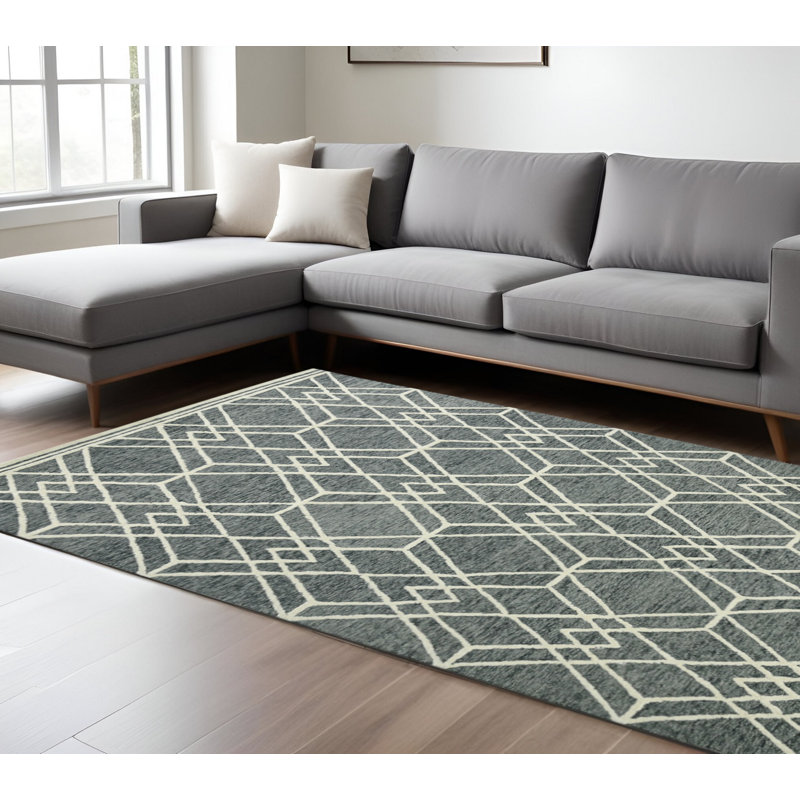 Tapis crocheté à la main gris et ivoire en laine 8 pi x 10 pi