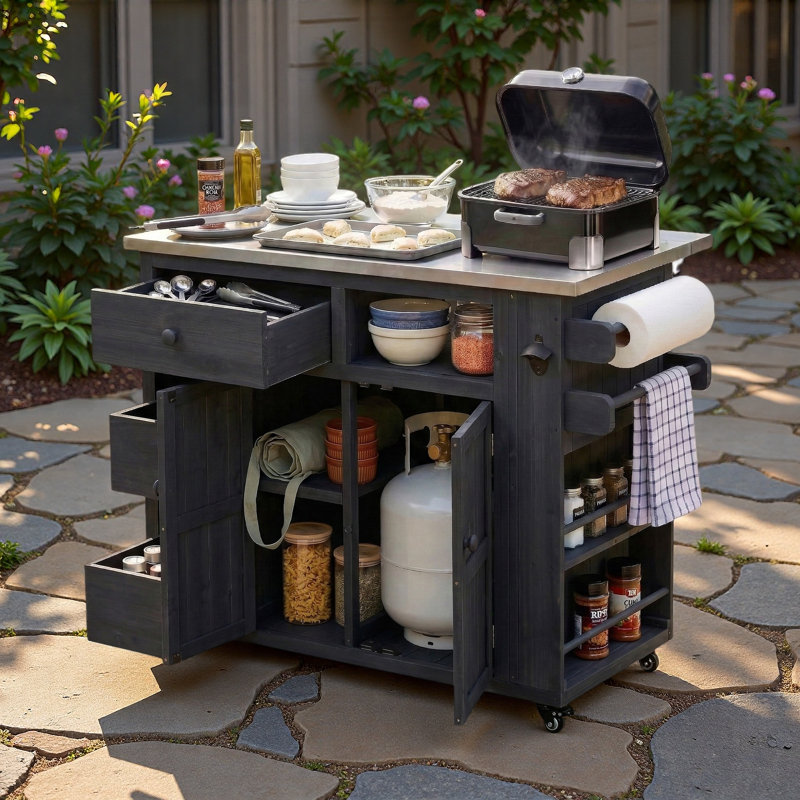 Îlot de cuisine extérieur avec plateau en acier inoxydable, support à épices latéral, tiroirs, support à papier, porte-serviettes et tablette ouverte
