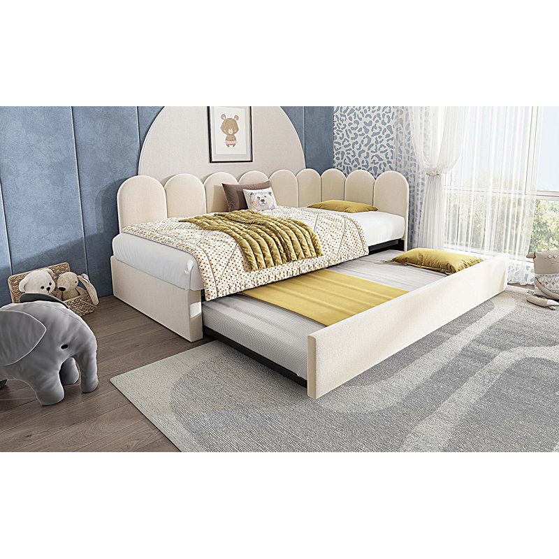 Upholstered Bed Daybed With Pull-Out Bed, Twin Size Single Sofa Bed, Guest Beds With Metal Slatted Frame, Beige