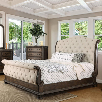 Rustic Natural Tone 1Pc Bed Beige Fabric Tufted Sleigh Bed Bedroom Furniture Solidwood
