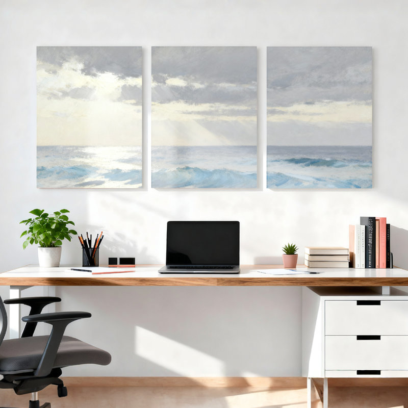 Ensemble de 3 toiles murales représentant un paysage de vagues et de ciel nuageux, H 30 po x l 60 po