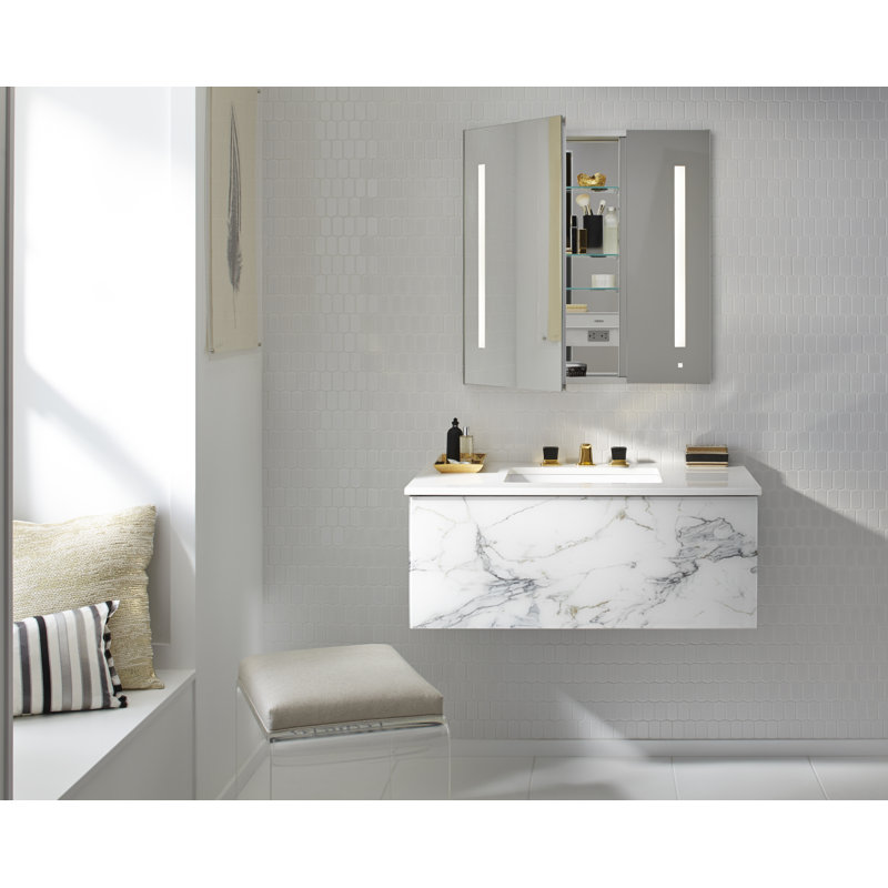 AiO Recessed Framed Medicine Cabinet with 3 Adjustable Shelves and LED Lighting, 39.375" H x 35.25" W x 4" D, Right