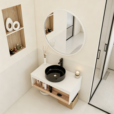 Ensemble de meuble-lavabo moderne flottant avec lavabo vasque en céramique et tablette de rangement ouverte murale (24 po / 30 po / 36 po)