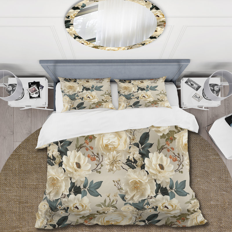 Cream Delicate Inspired Botanicals - Ensemble de housse de couette à motif floral