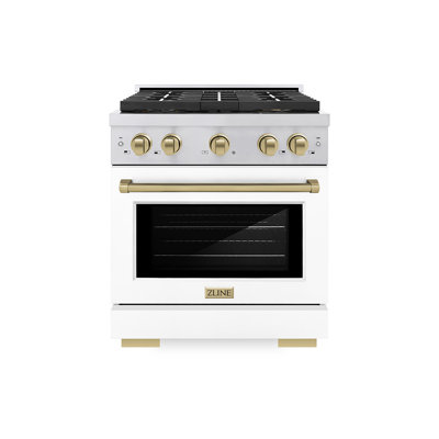 ZLINE Autograph Edition 30 in. 4.2 cu. ft. Paramount Dual Fuel Range W/ 4 Burner DuoPro Cooktop and Electric Convection Oven in Stainless Steel W/ White Matte Door and Champagne Bronze Accents