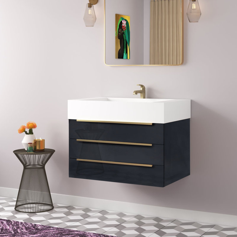 Ensemble de meuble-lavabo mural simple 29,5 po Glasgow, Gris foncé à haute brillance, Blanc