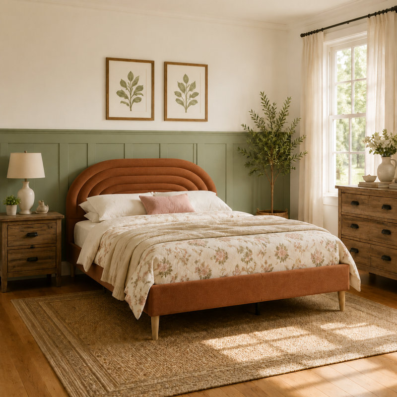 Halis Upholstered Scalloped Bed, Queen, Ochre Teddy