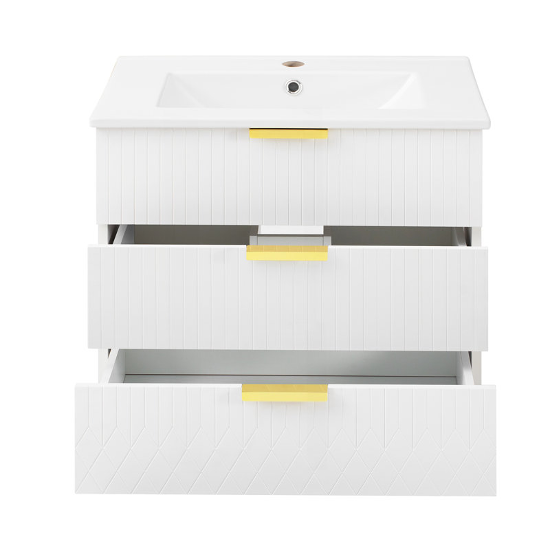 Armoire murale suspendue 24 po avec tiroir double, petit lavabo de salle de bain rectangulaire flottant avec trou de robinet simple et trop-plein, armoire de salle de bain moderne avec lavabo en céramique