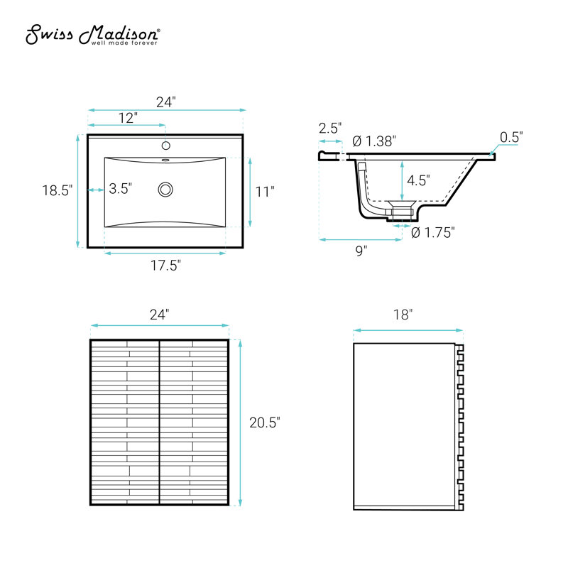 Meuble-lavabo mural 24 po Cascade, Blanc, 24", Trou unique