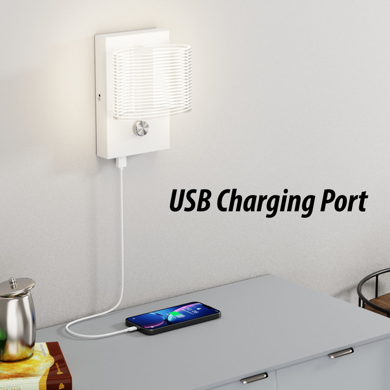 Wall Lamp With Dimmer Switch And USB Charging Port Oval Linear Sleek Lampshade , White