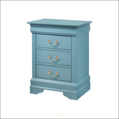 Table de chevet traditionnelle sarcelle avec trois tiroirs, conception compacte et aucun assemblage requis pour un plaisir instantané