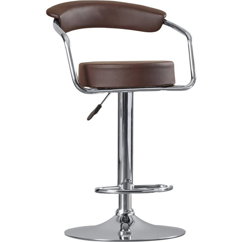 Tabouret de bar contemporain en vinyle réglable en hauteur avec accoudoirs et base en chrome, Brun, 1