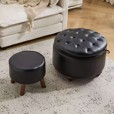 24inch Round Storage Ottoman, Set Of 2, Modern Pu Leather Coffee Table With Removable Top, Upholstered Ottoman With Storage Footrest Stool For Living Room, Bedroom (black)