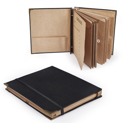 Vintage Hardcover Expanding File Folder with 14 Kraft Envelopes, Elastic Strap Document Organizer for Tax Records, Certificates & Home Office Filing