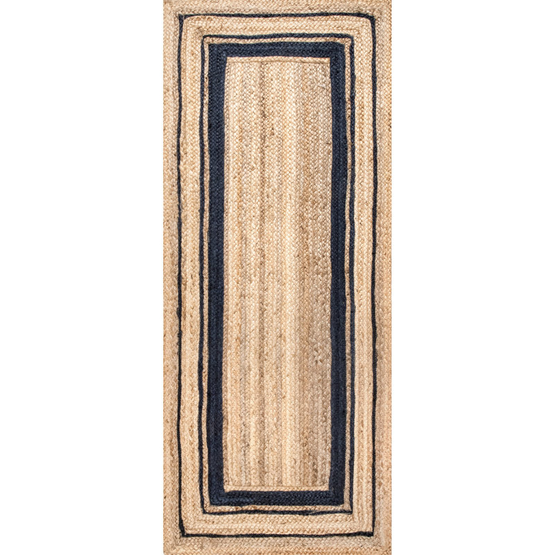 Speight Coastal Braided Power Loom Jute Brown/Navy Bordered Rug, Runner 2'6" x 6'