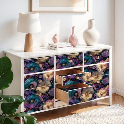 Papier peint à peler et coller, galaxie botanique, œuvre d'art floral, sarcelle, or violet auto-adhésif et amovible 17,7 po x 118 po (45 x 300 cm)