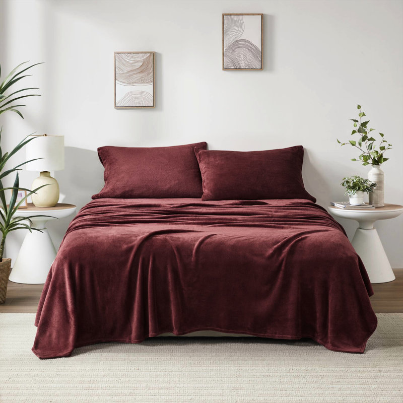 4 grandes draps bourgogne 100% ultra doux et douillet brossé des deux côtés Draps-housse plats 2 taies d'oreiller lavables à la machine
