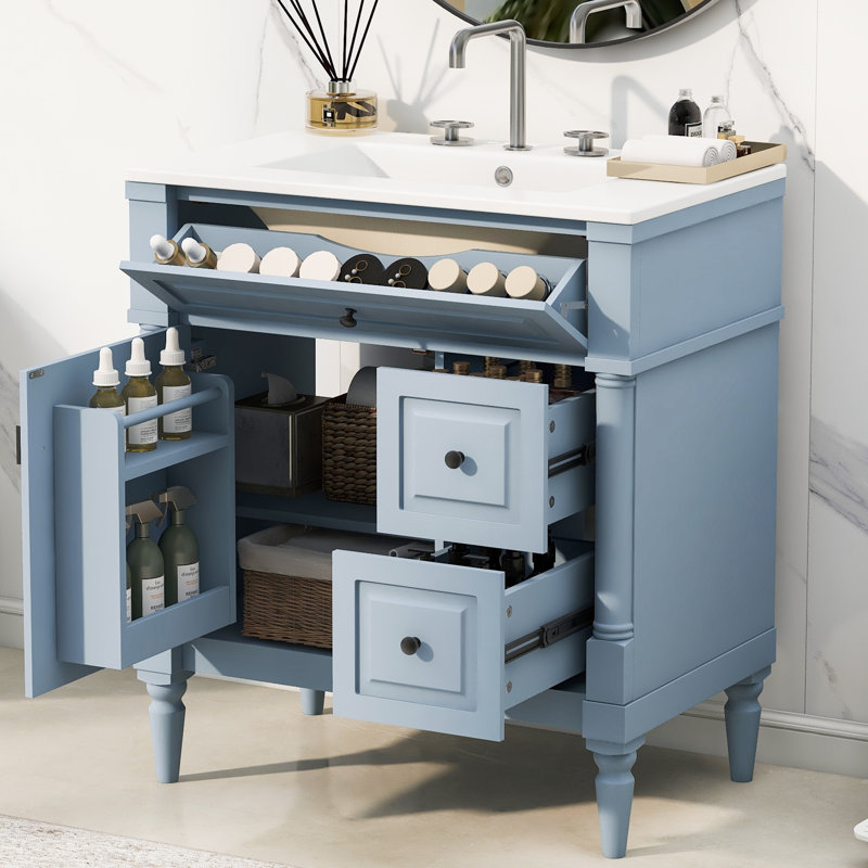 Meuble-lavabo de 30 po avec lavabo - autoportant, tiroir rabattable et tablette réglable, structure en bois d'hévéa massif, panneaux en MDF et poignées en métal, gris bleu - Mobilier de salle de bain