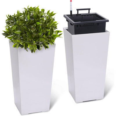 Ensemble de 2 pots à fleurs rectangulaires de 22,5 pouces de hauteur avec trous de drainage, moniteur de niveau d'eau et roues pour l'extérieur, l'intérieur et le patio, le porche, le salon ou le bureau à domicile, blanc