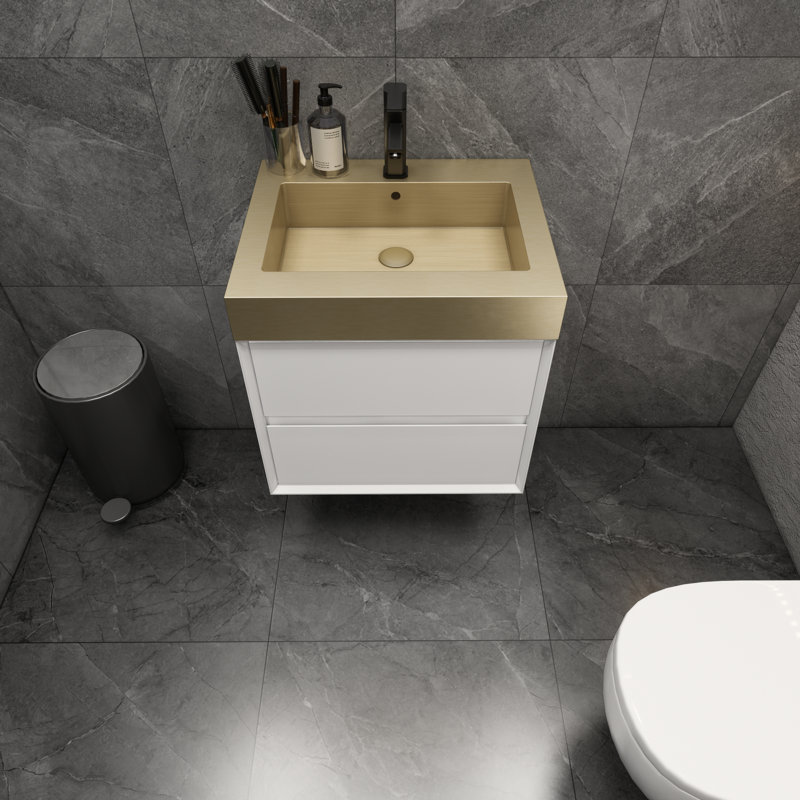 Meuble-lavabo mural blanc brillant 24 po avec lavabo en acier doré Lux
