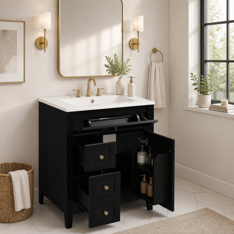 Meuble-lavabo moderne de 24 po avec lavabo en céramique, poignées en métal, porte à fermeture en douceur, support de rangement, finition de surface peinte, noir