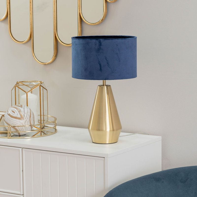 Jax Metal Dimmable Touch Table Lamp with Velvet Drum Shade with LED Bulb, Navy Blue, Gold