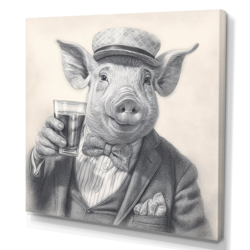 Cochon ayant une boisson II, reproduction d'art sur toile, H 16 po x l 16 po x P 1 po, Toile tendue