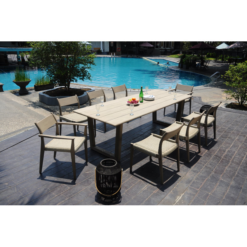 6 Seats 7 Pcs Grade-A Weathered Teak Wood Dining Set: 98" Sema Rectangle Table  And 6 Amilo Stacking Chairs (2 Arm & 4 Armless Chairs) #11AM3302