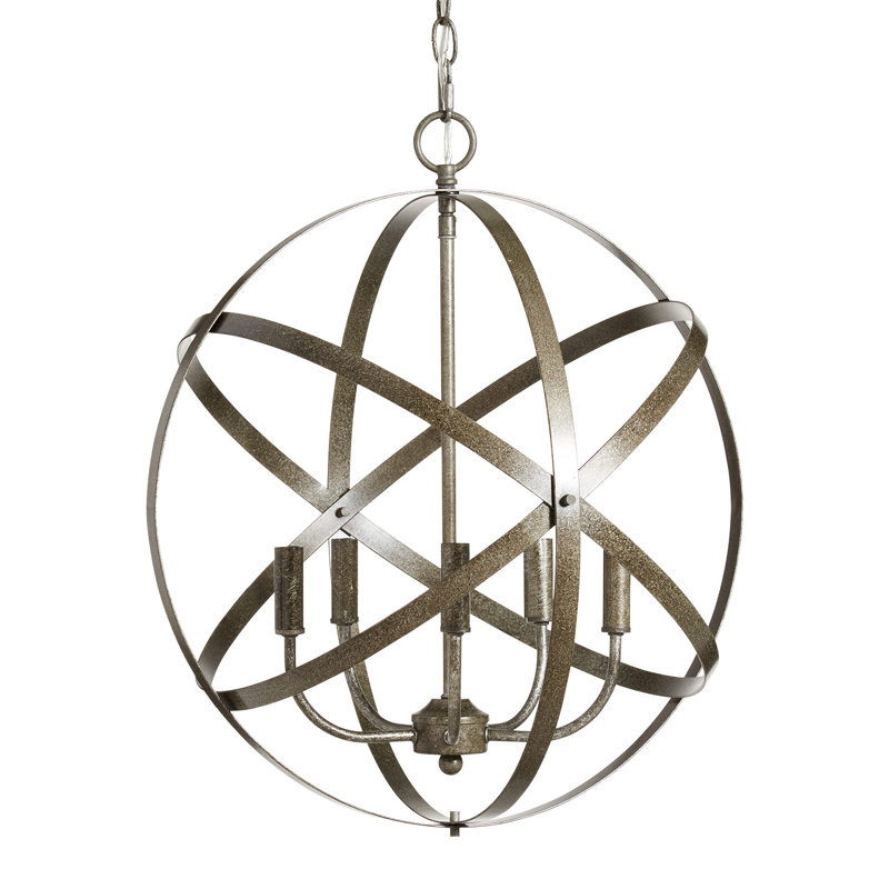 5 - Light Dimmable Globe Chandelier, Antique Silver
