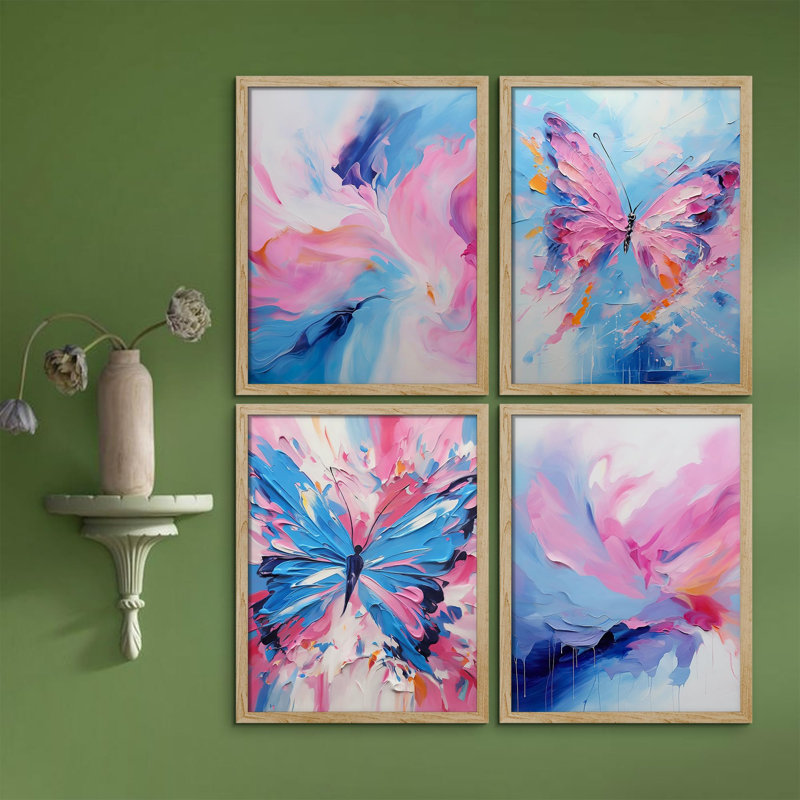 «Abstract Floral and Butterfly Vibrant» encadré sur papier, impression de 4 pièces, Naturel, H 10 po x l 8 po