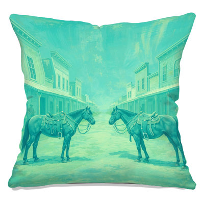 Two Horses In Desert Town Double Sided Throw Pillows