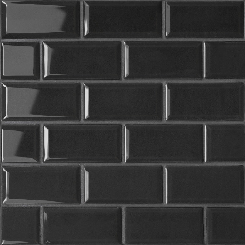 Le Cafe 2" x 4" Bevel Mesh Mount Glossy Porcelain Mosaic Tile, Black