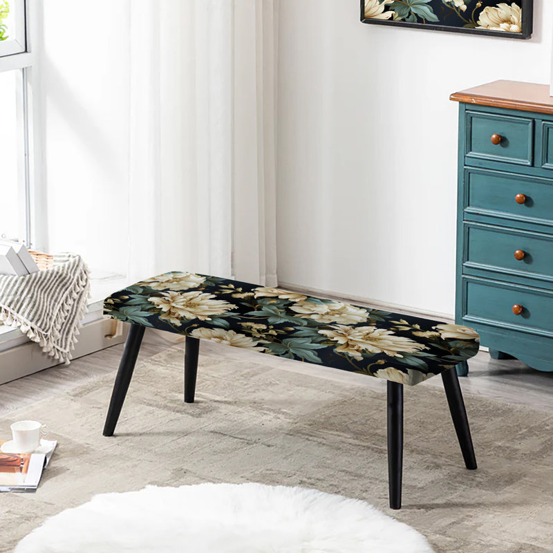 Banc rembourré floral noir, Grand damas victorien vert et blanc