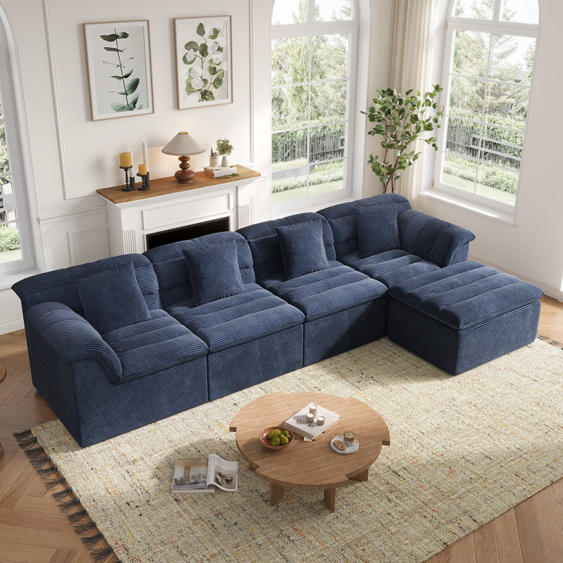 111.8" Modular Cloud Sofa with Ottoman, Boneless L-Shape Couch, Comfy Corduroy Couches for Living Room, Blue, Blue