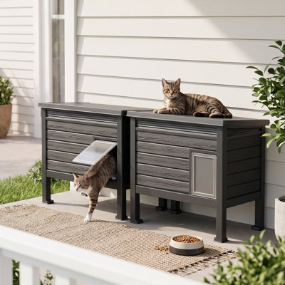 26.79"H Weather Resistent Resin Cat Shelter With Elevated Floor In Black