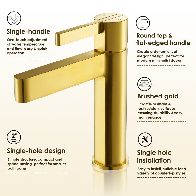 Stila Single Hole Single-Handle Bathroom Faucet , Brushed Gold