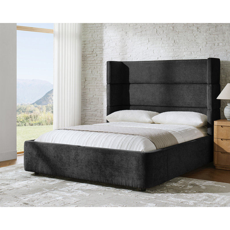 Lit modulaire rembourré à oreilles avec table de lit Lyth 5-en-1, Noir, Grand